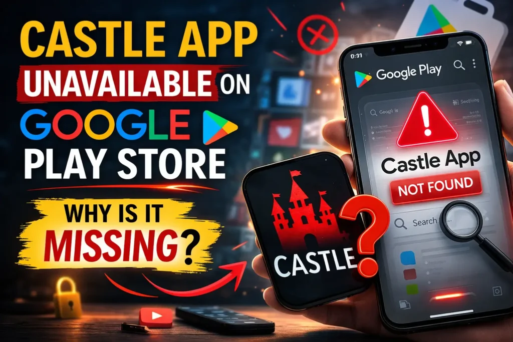 Smartphone showing Castle App not available on Google Play Store with warning icons and question mark