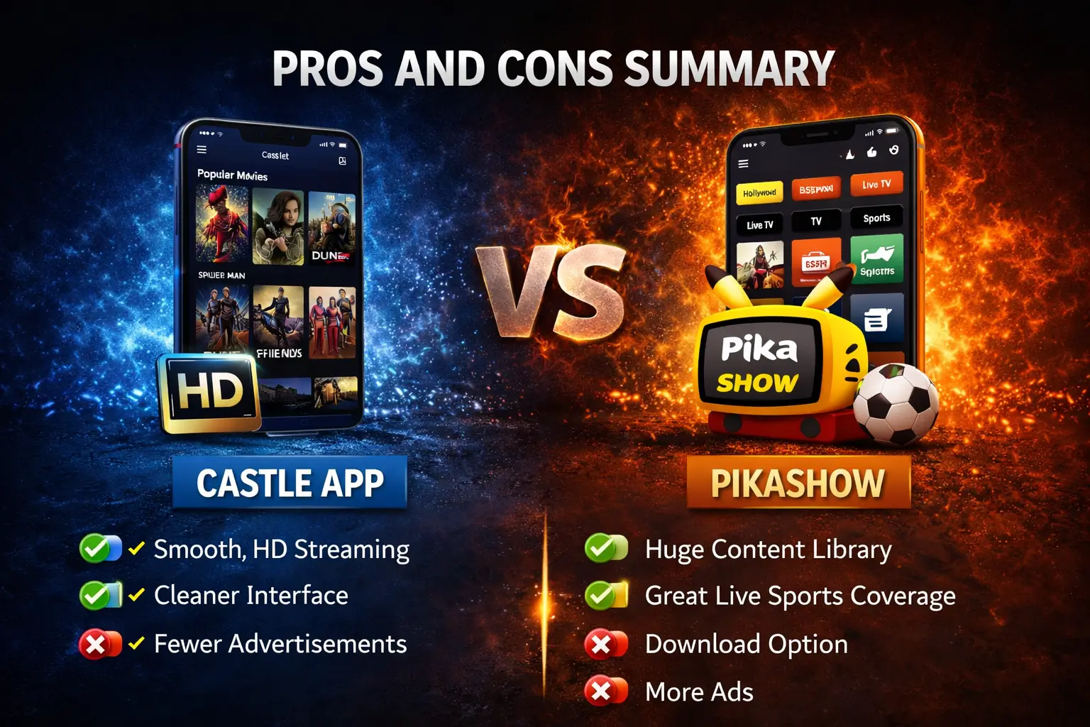 Pros and cons comparison of Castle App and Pikashow streaming apps