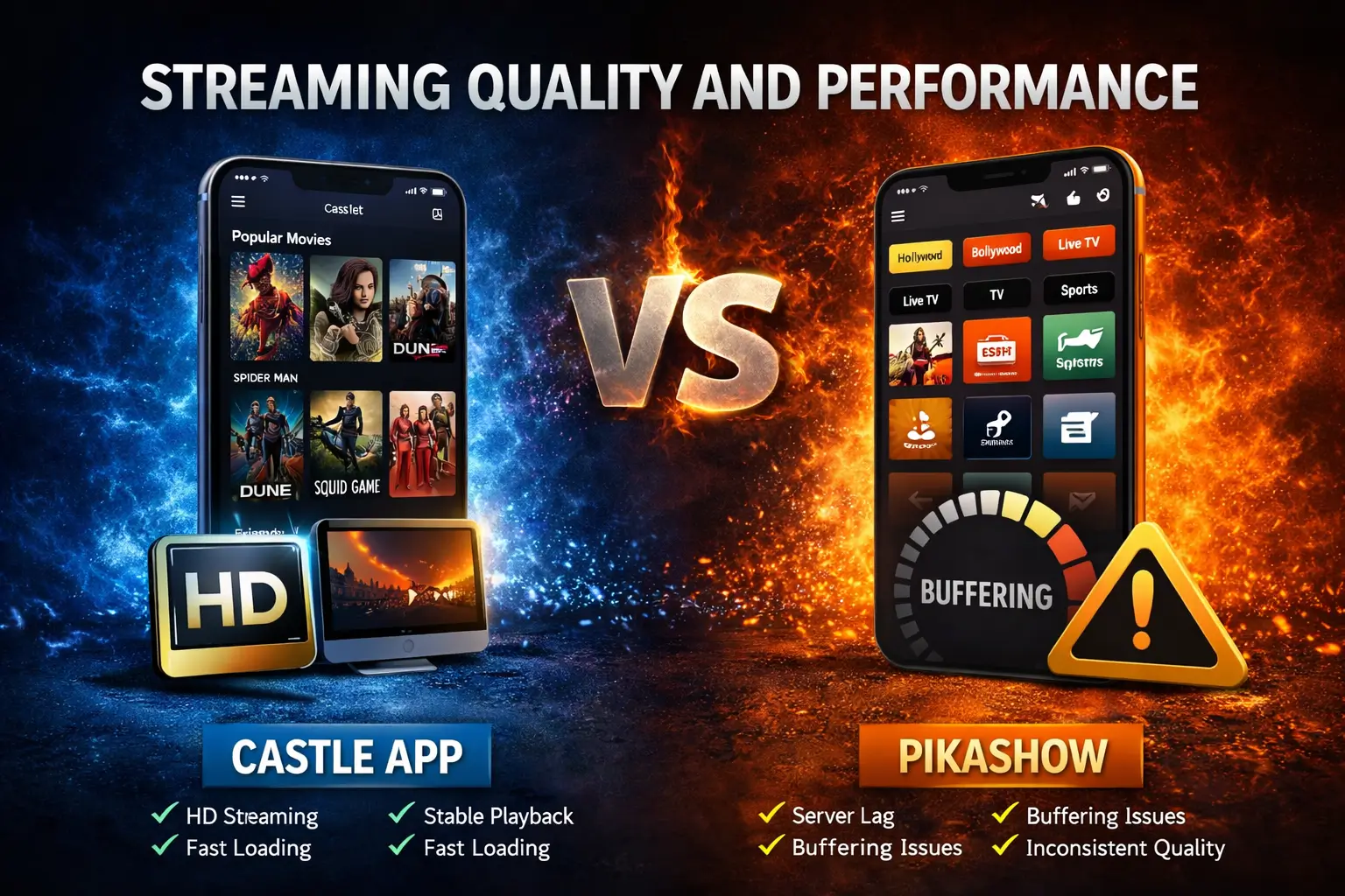 Streaming quality comparison between Castle App and Pikashow showing HD playback and buffering issues