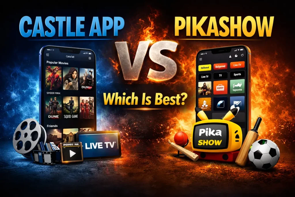 Castle App vs Pikashow comparison showing streaming apps interface and features