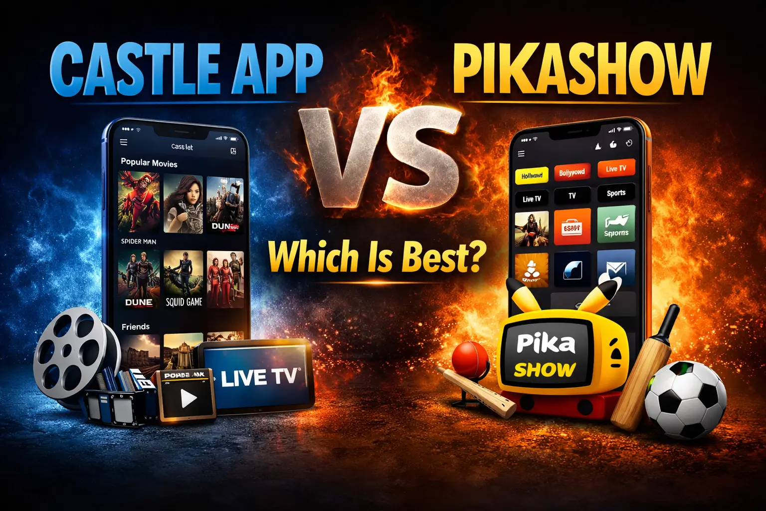 Castle App vs Pikashow comparison showing streaming apps interface and features