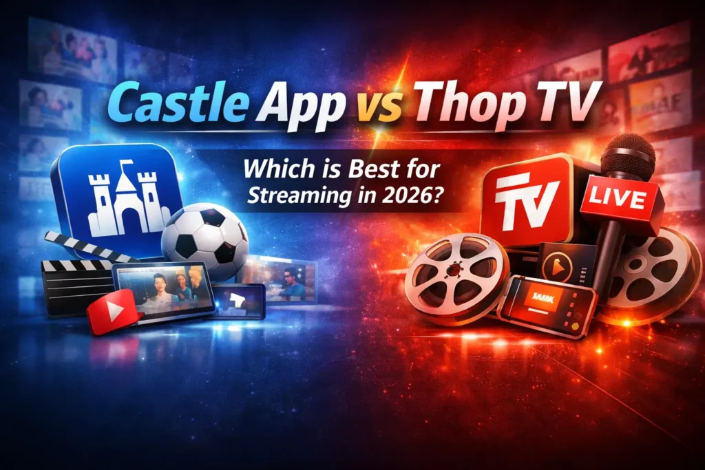 Castle App vs Thop TV streaming app comparison showing features, movies, live TV and sports streaming in 2026