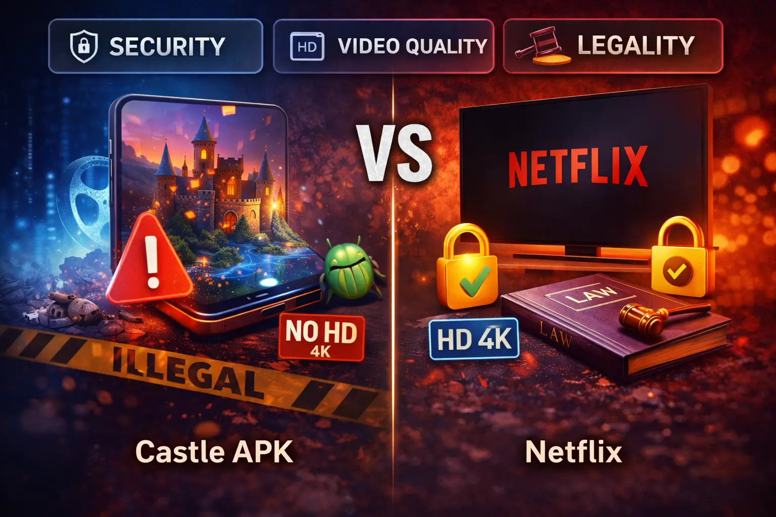 Security, video quality, and legality comparison between Castle APK and Netflix, showing free vs licensed streaming.