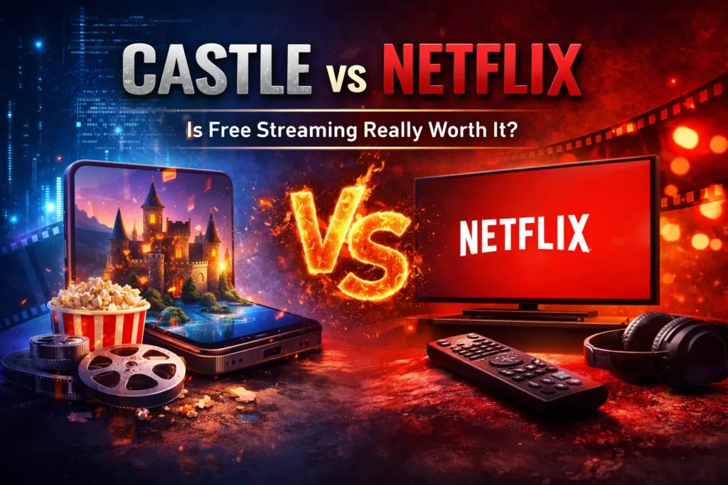 Castle APK vs Netflix comparison showing free streaming vs subscription with a smartphone and TV.