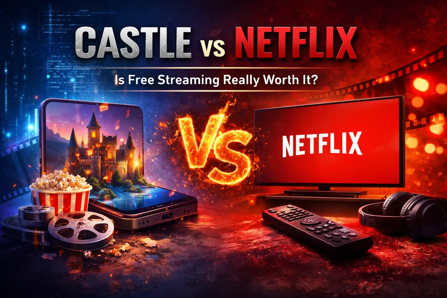 Castle APK vs Netflix comparison showing free streaming vs subscription with a smartphone and TV.