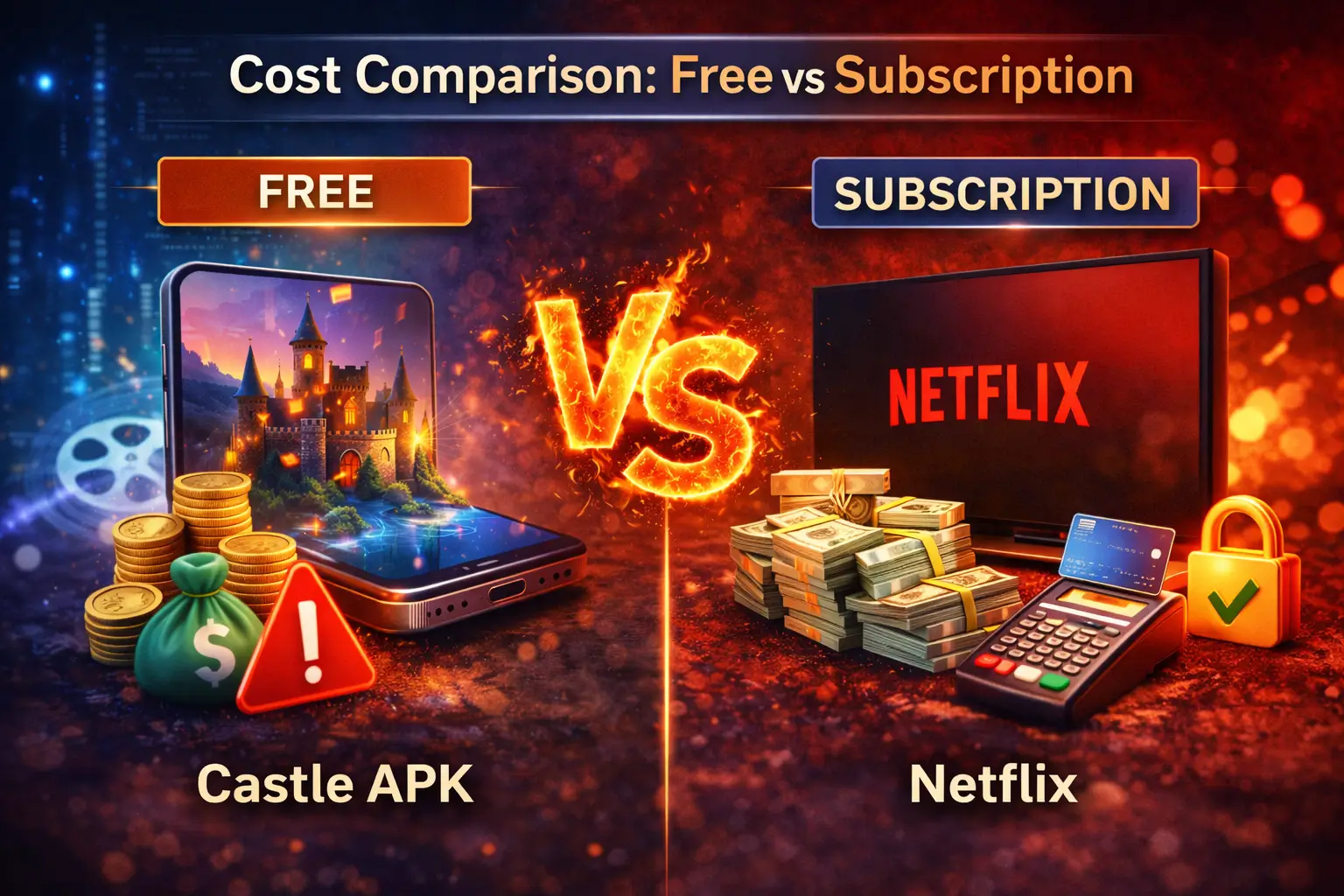 Cost comparison between free streaming on Castle APK and paid subscription on Netflix with coins and credit card.