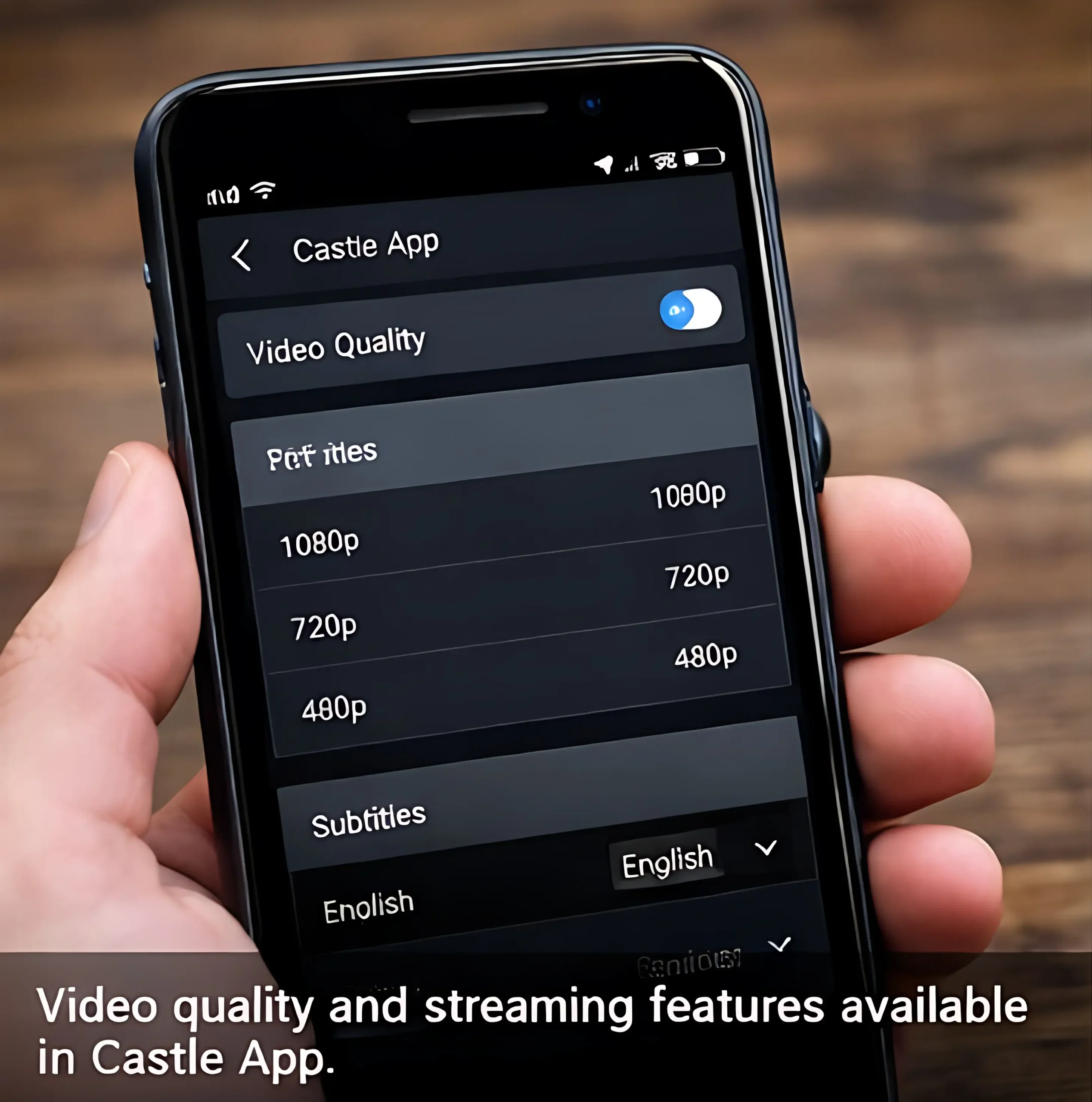 Castle App streaming settings showing HD and Full HD video quality options