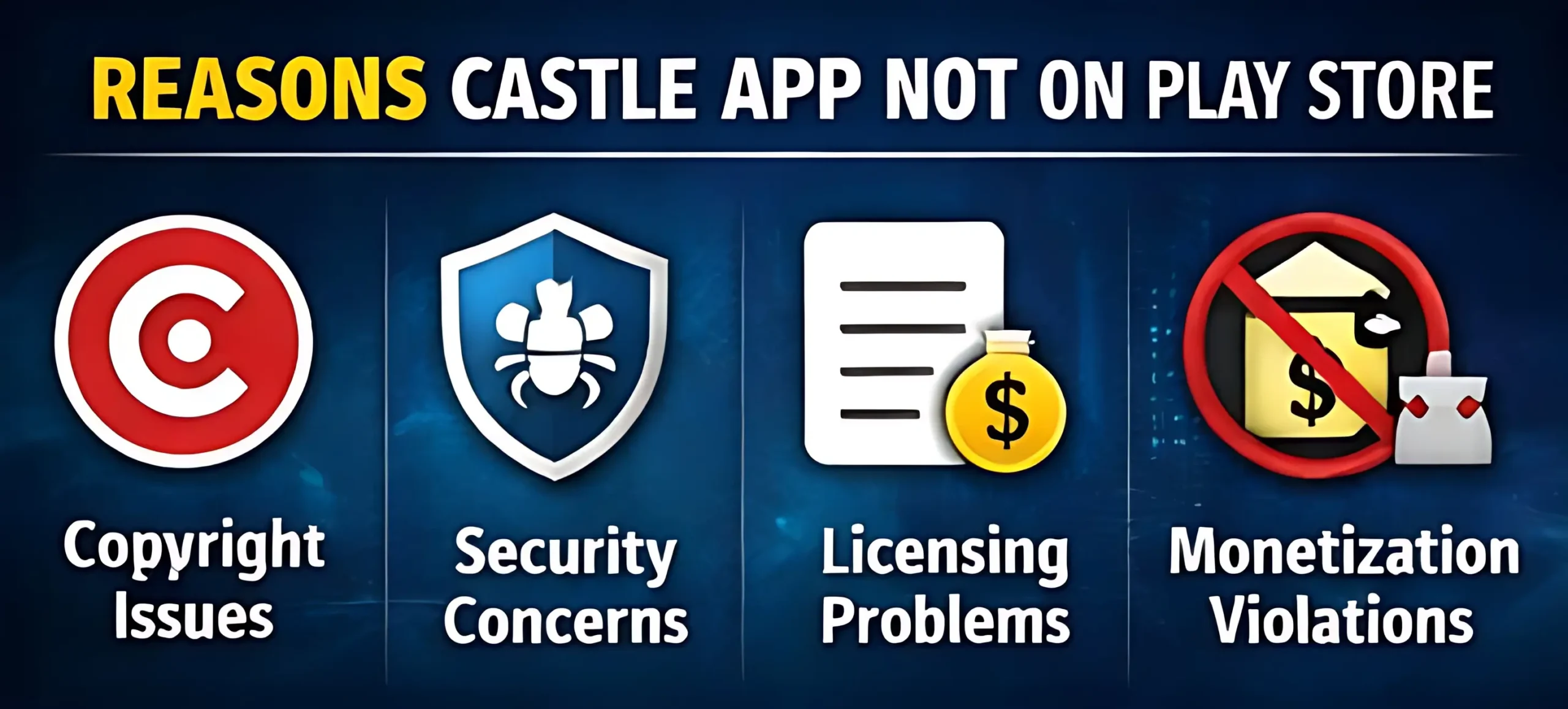 Infographic showing copyright issues, security concerns, licensing problems, and monetization violations for Castle App