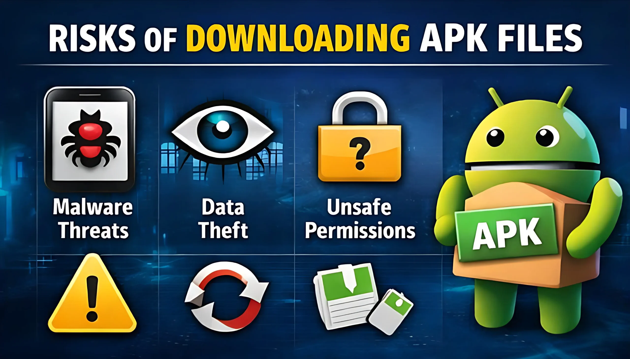 Smartphone with Castle App APK warning signs, showing risks of malware, unsafe permissions, and data theft