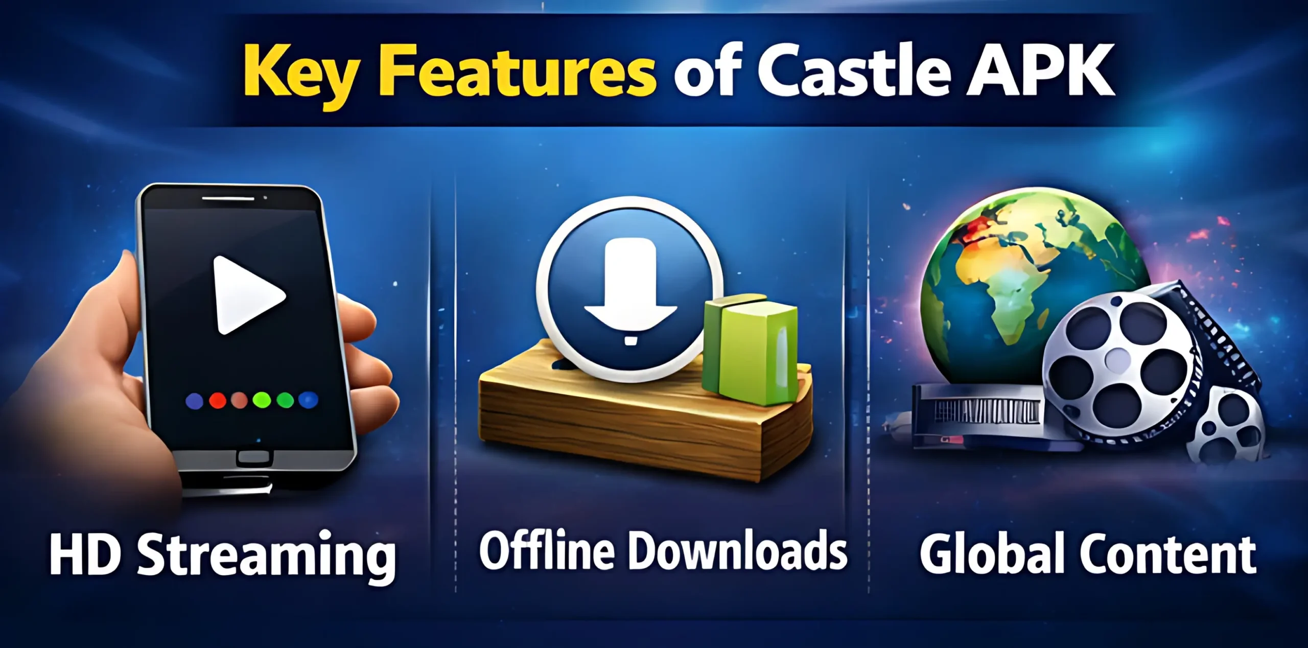 Castle APK key features including HD streaming offline downloads and global content