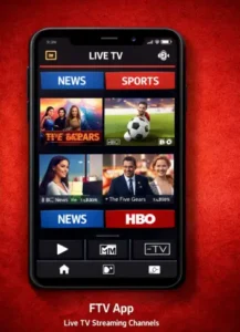 FTV App live TV channels interface showing sports news and entertainment streaming