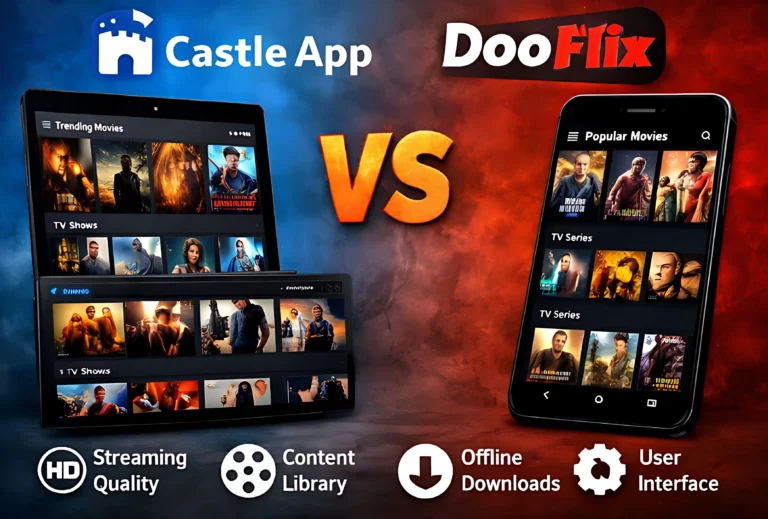 Castle App vs DooFlix streaming app comparison showing movies library and TV series interface
