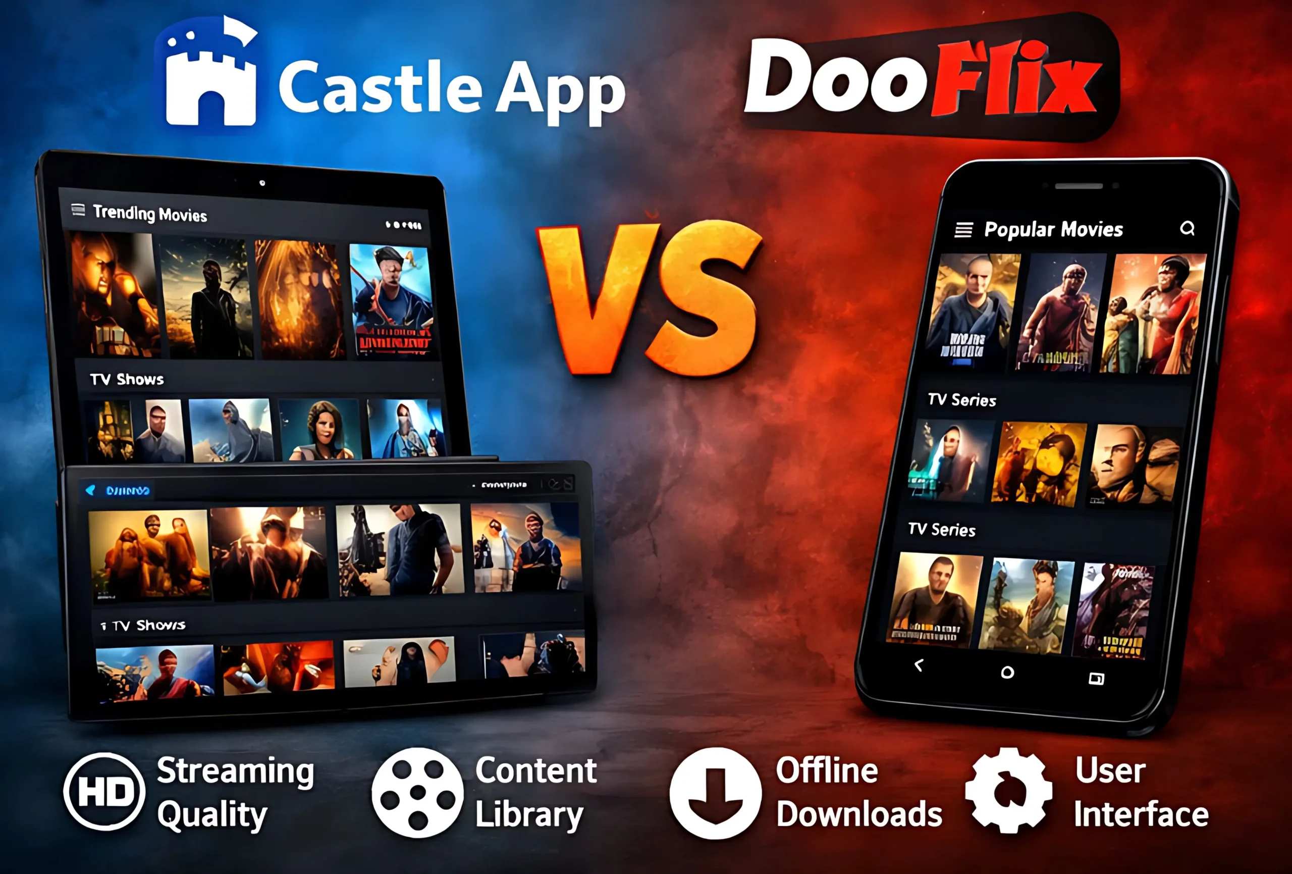 Castle App vs DooFlix streaming app comparison showing movies library and TV series interface