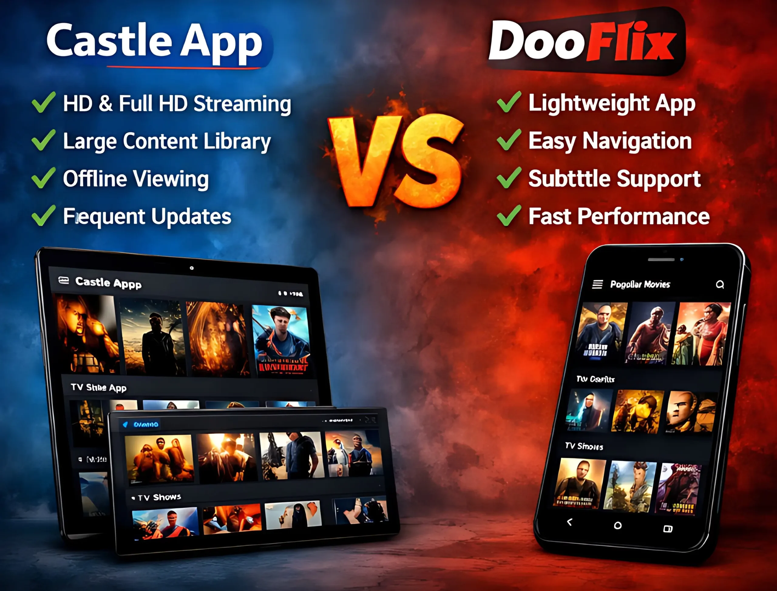 Castle App vs DooFlix HD streaming apps comparison showing tablet and smartphone interface