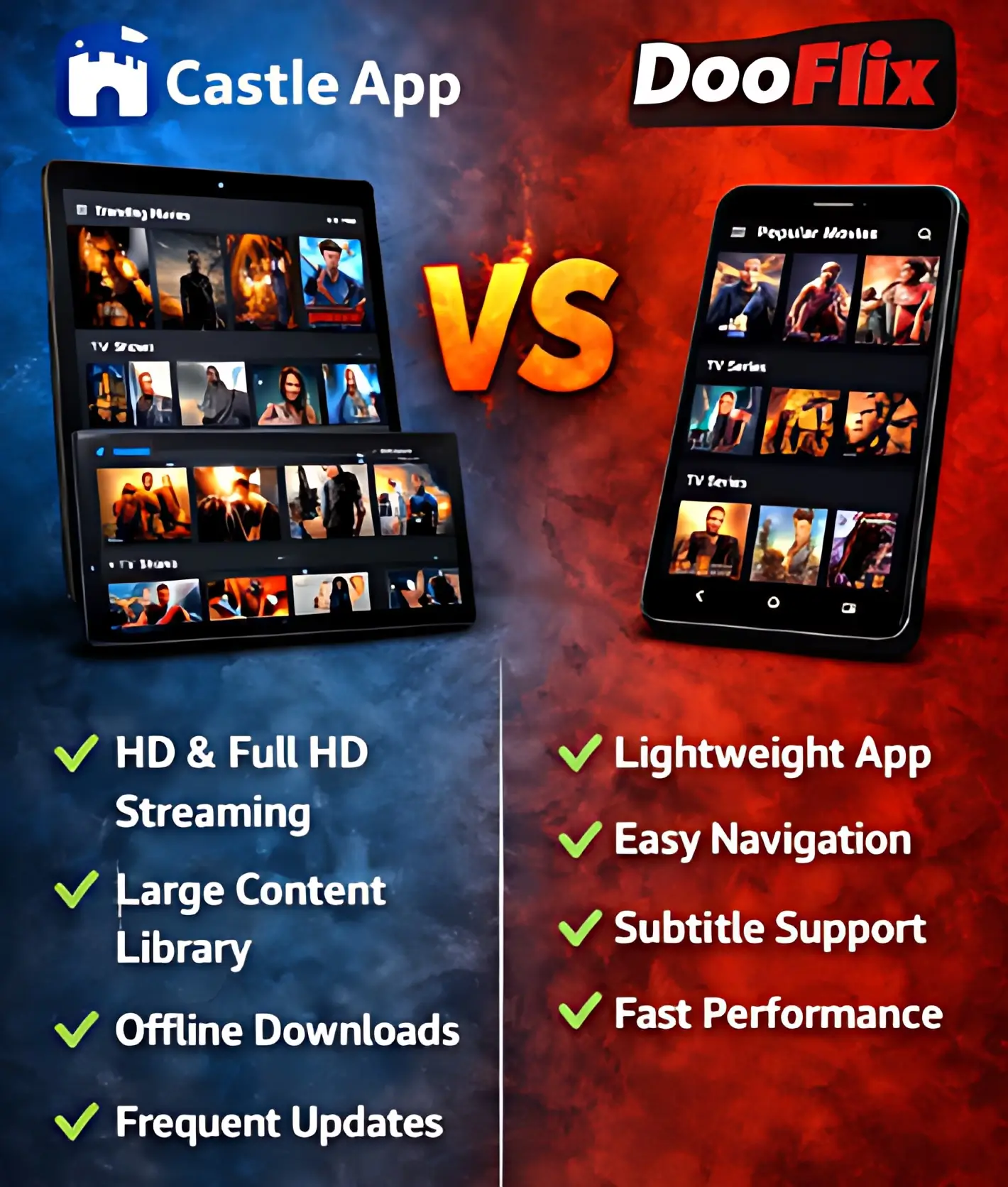Castle App vs DooFlix features comparison including HD streaming, downloads, and app performance
