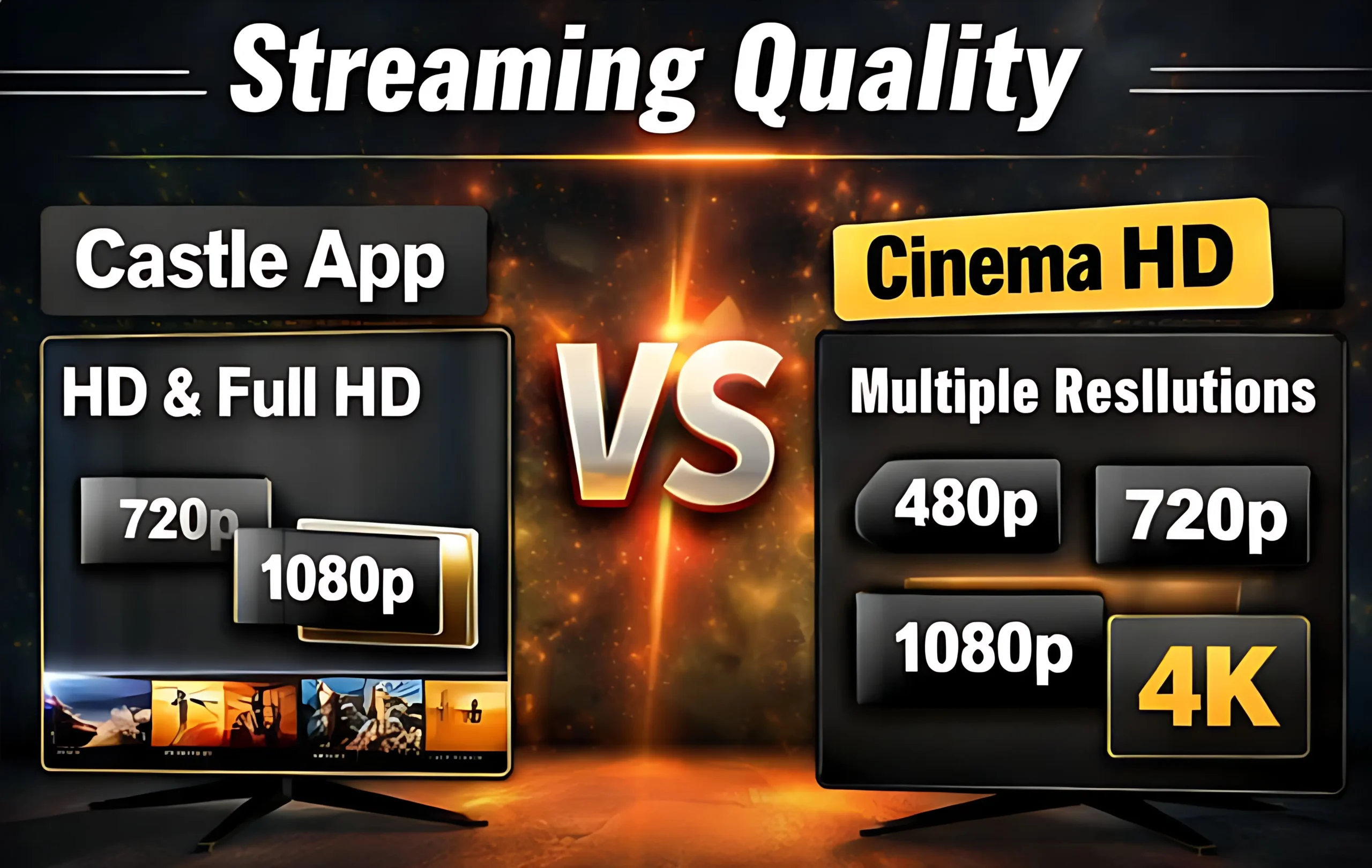 Streaming quality comparison between Castle App and Cinema HD showing HD, 1080p and 4K support