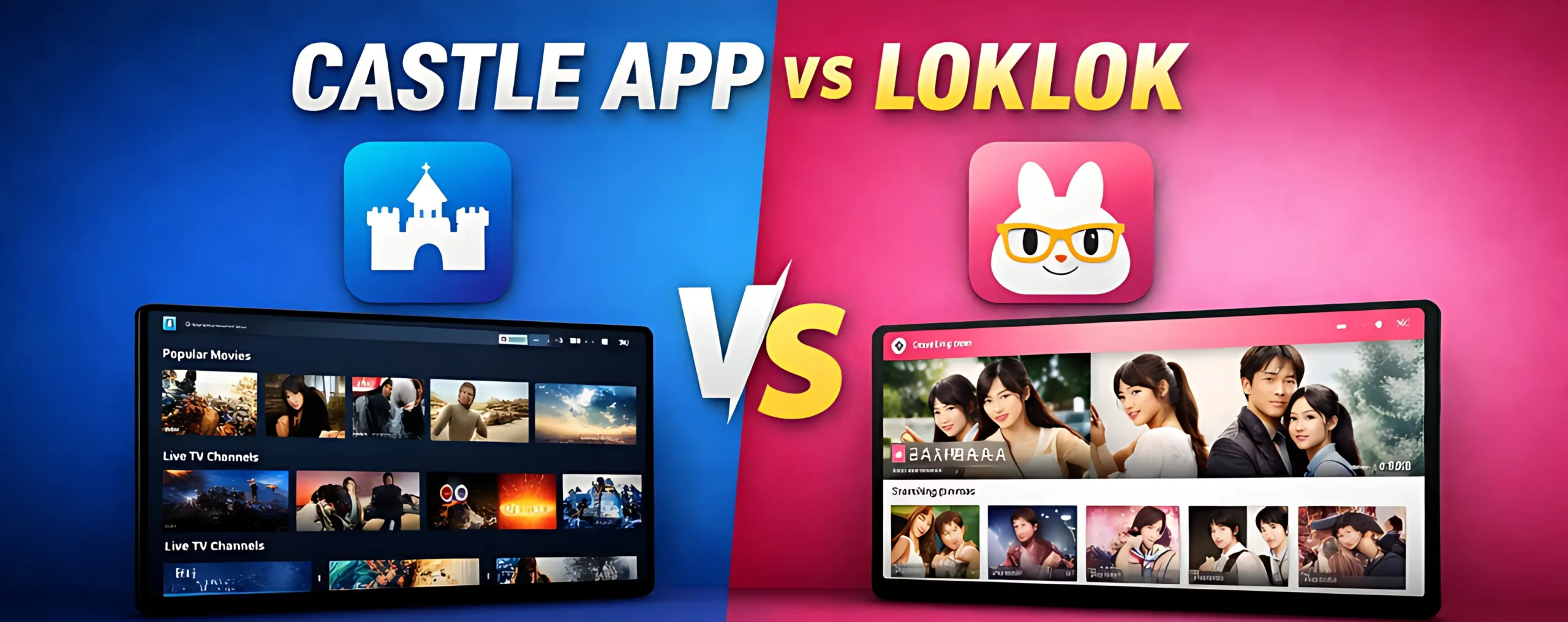 Castle App vs Loklok comparison showing streaming interface, movies, dramas, and anime content on both apps