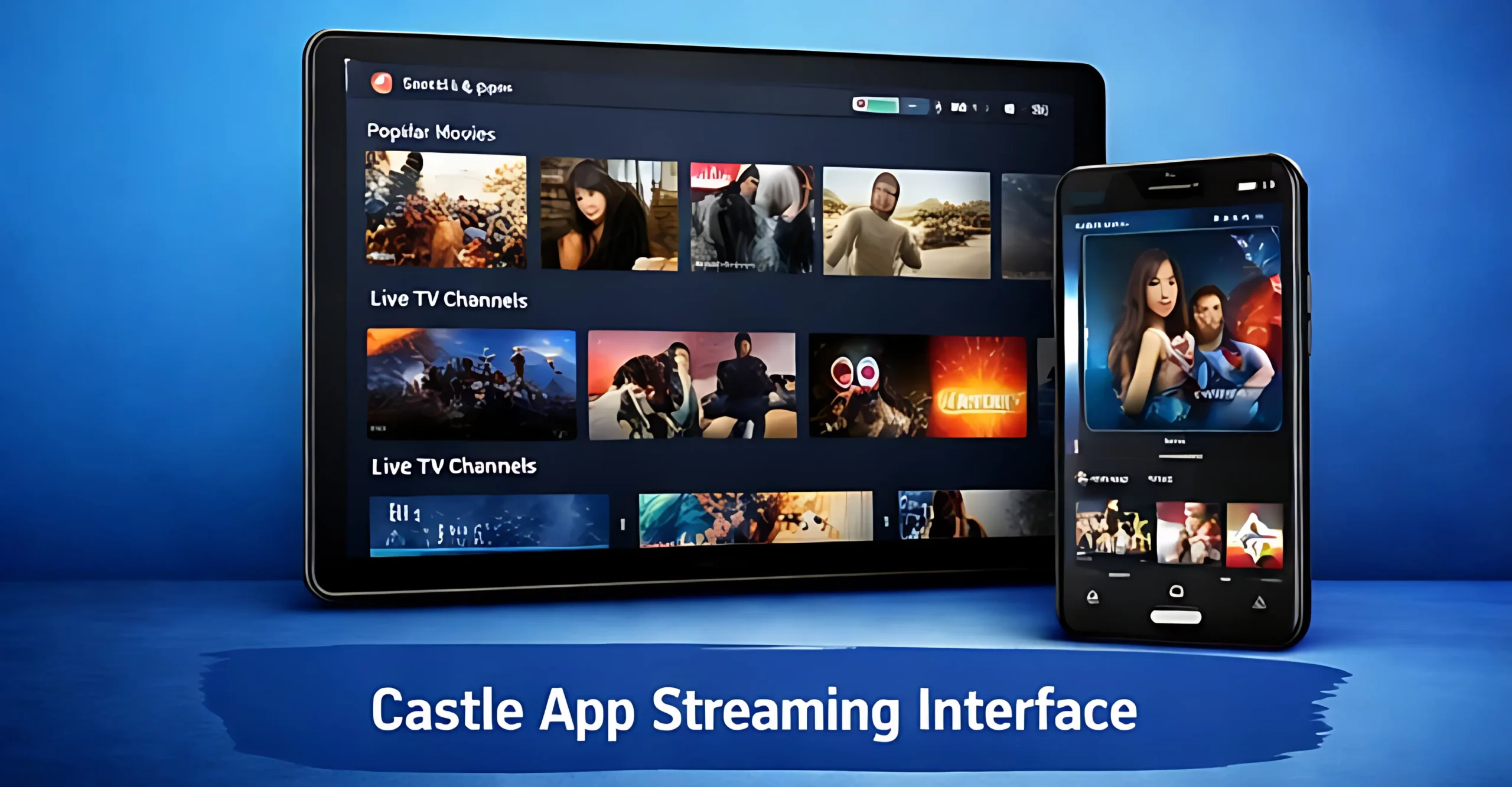 Castle App streaming interface displaying movies, TV shows, and live channels on tablet and smartphone