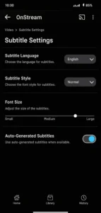 OnStream subtitle settings screen showing font size and color customization options on Android